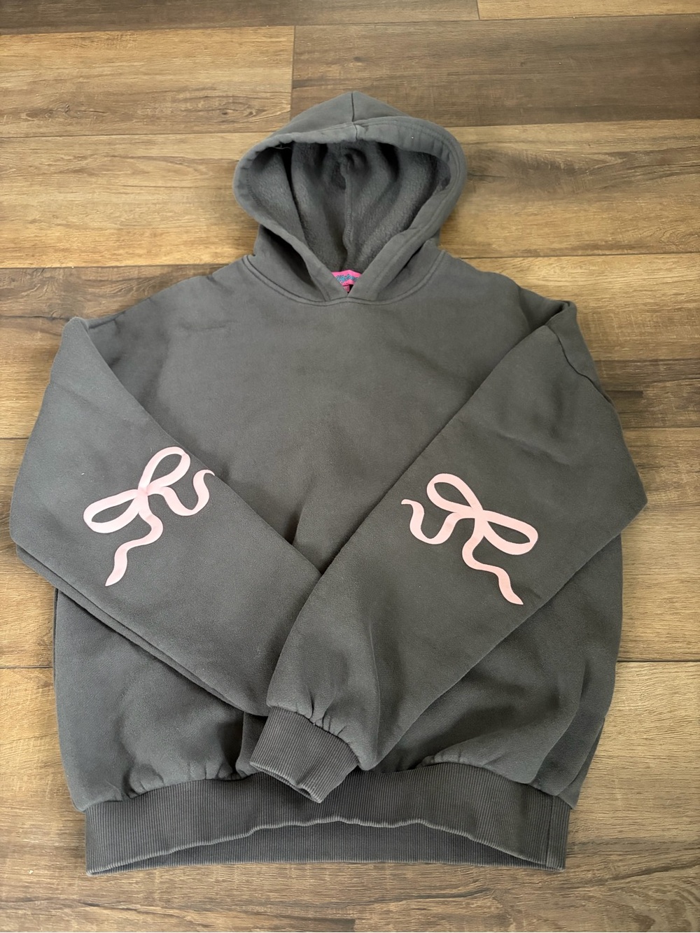 Edikted Charcoal Gray Hoodie with Pink Ribbon Sleeve Graphics
